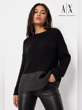 Armani Exchange Black Chunky Knit Sweater Faux Leather Hem Trim Pullover M